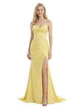 Dreamy Spaghetti Straps Satin Prom Dress With Sexy Side Slit Floor Length Gown
