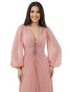 Elegant V-neck Lantern Sleeves Beaded Front Slit A-Line Chiffon Mother Of The Bride Dress