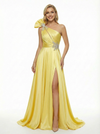 Fancy One Shoulder Satin Ball Gown Classy Pleated Event Dress with Crystal Star Accent
