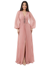 Elegant V-neck Lantern Sleeves Beaded Front Slit A-Line Chiffon Mother Of The Bride Dress