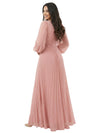 Elegant V-neck Lantern Sleeves Beaded Front Slit A-Line Chiffon Mother Of The Bride Dress