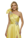 Pretty One Shoulder Satin Prom Dress Diagonal Ruffle Trim A-Line Side Slit Evening Gown