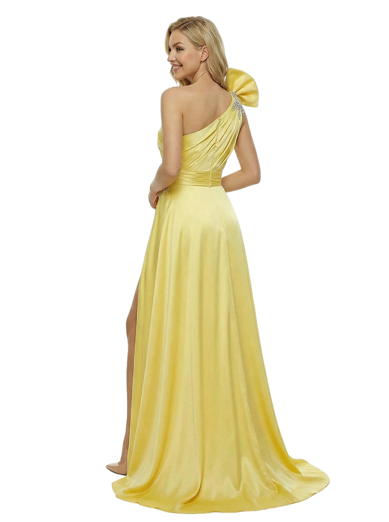 Pretty One Shoulder Satin Prom Dress Diagonal Ruffle Trim A-Line Side Slit Evening Gown