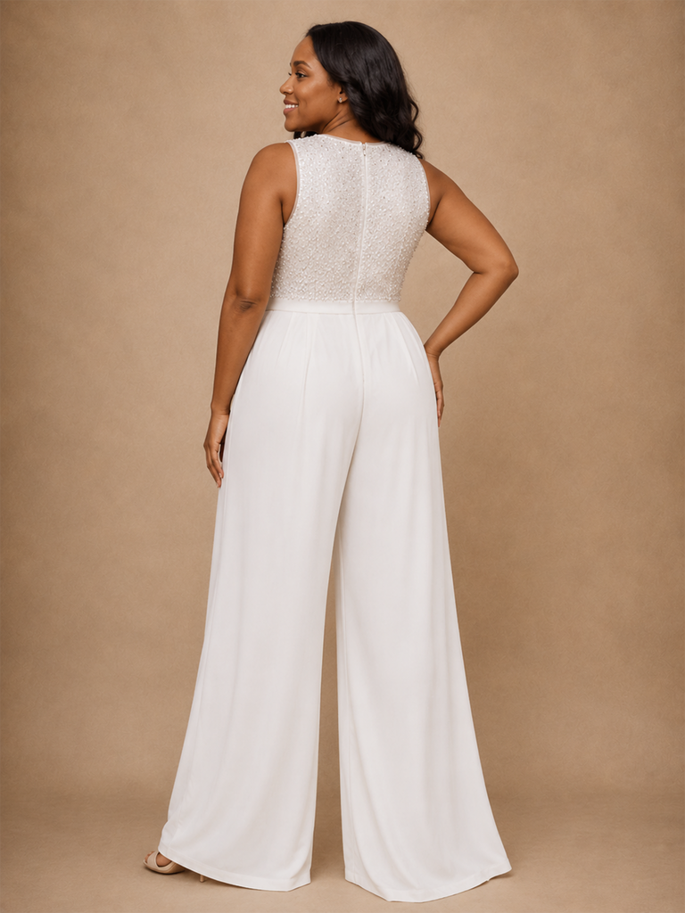 ChicSew Modern Round Neck Sleeveless Crepe Floor-Length Wedding Jumpsuit With Beading