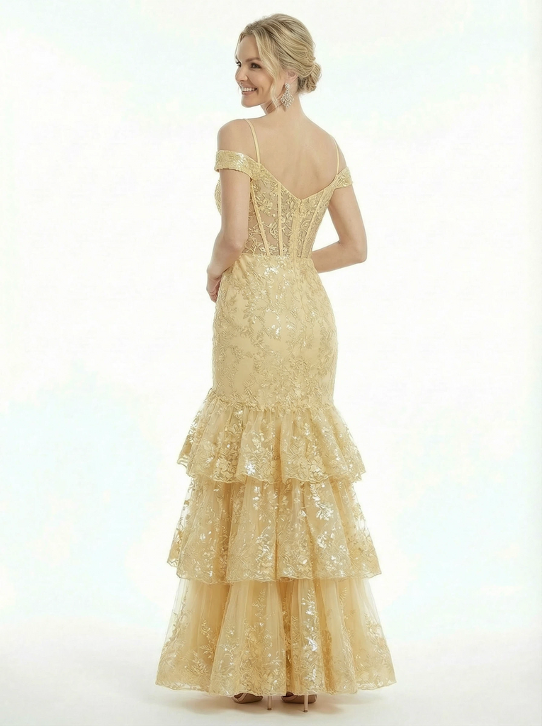 Elegant Cold Shoulder Mermaid Prom Gown Classy Tiered Ruffle Lace Long Formal Dress