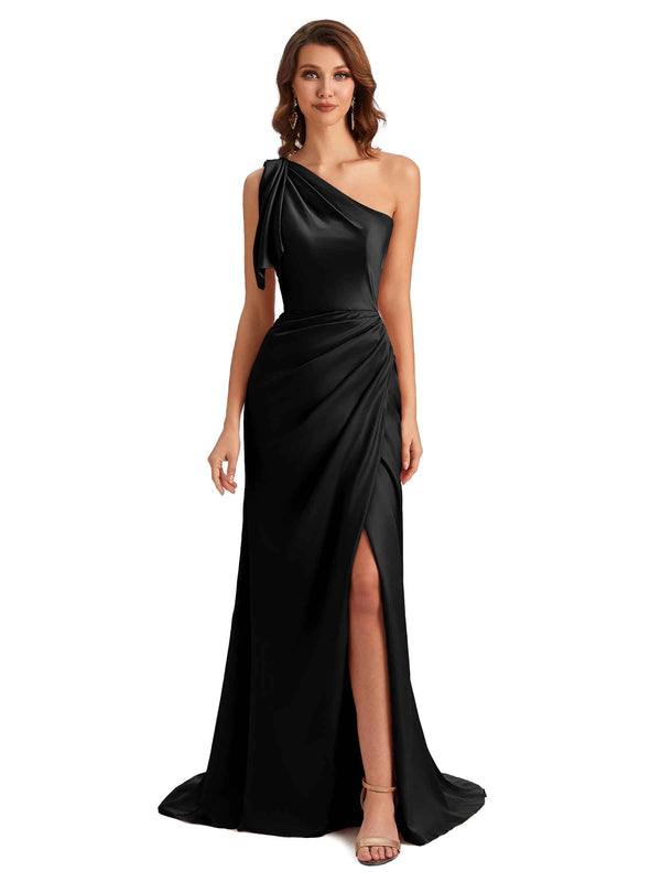 Sexy One shoulder Mermaid Side-Slit Pleats Silky Satin Applique Long ...