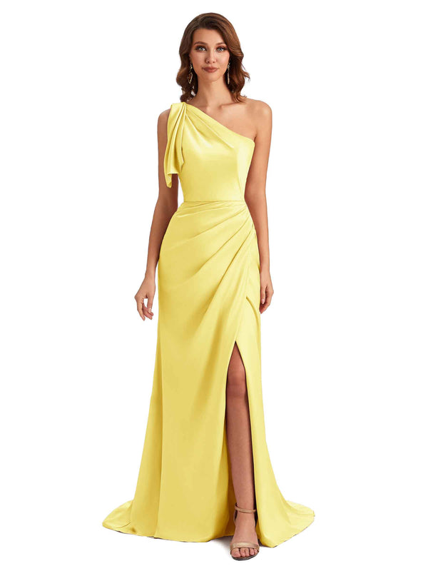 Sexy One shoulder Mermaid Side-Slit Pleats Silky Satin Applique Long ...