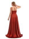 A-Line Formal Satin Long Bridesmaid Dresses Online Side Split Spaghetti Straps