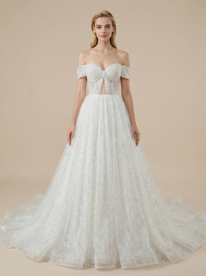 A-Line Off The Shoulder Boning Maxi Long Sequin Wedding Dresses Gowns Online