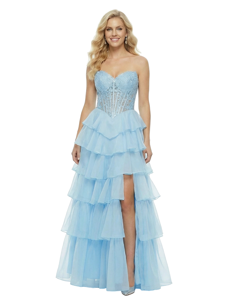 Elegant Sweetheart Side Slit Sleeveless Ruffles A-Line Chiffon Formal Ball Gown Prom Dress