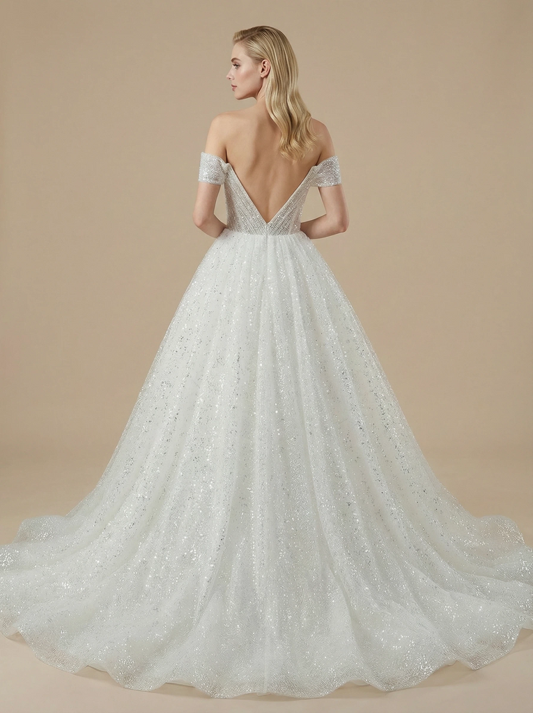 A-Line Off The Shoulder Boning Maxi Long Sequin Wedding Dresses Gowns Online