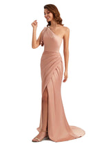 Sexy One Shoulder Mermaid Side Slit Unique Silky Satin Bridesmaid Dresses Online