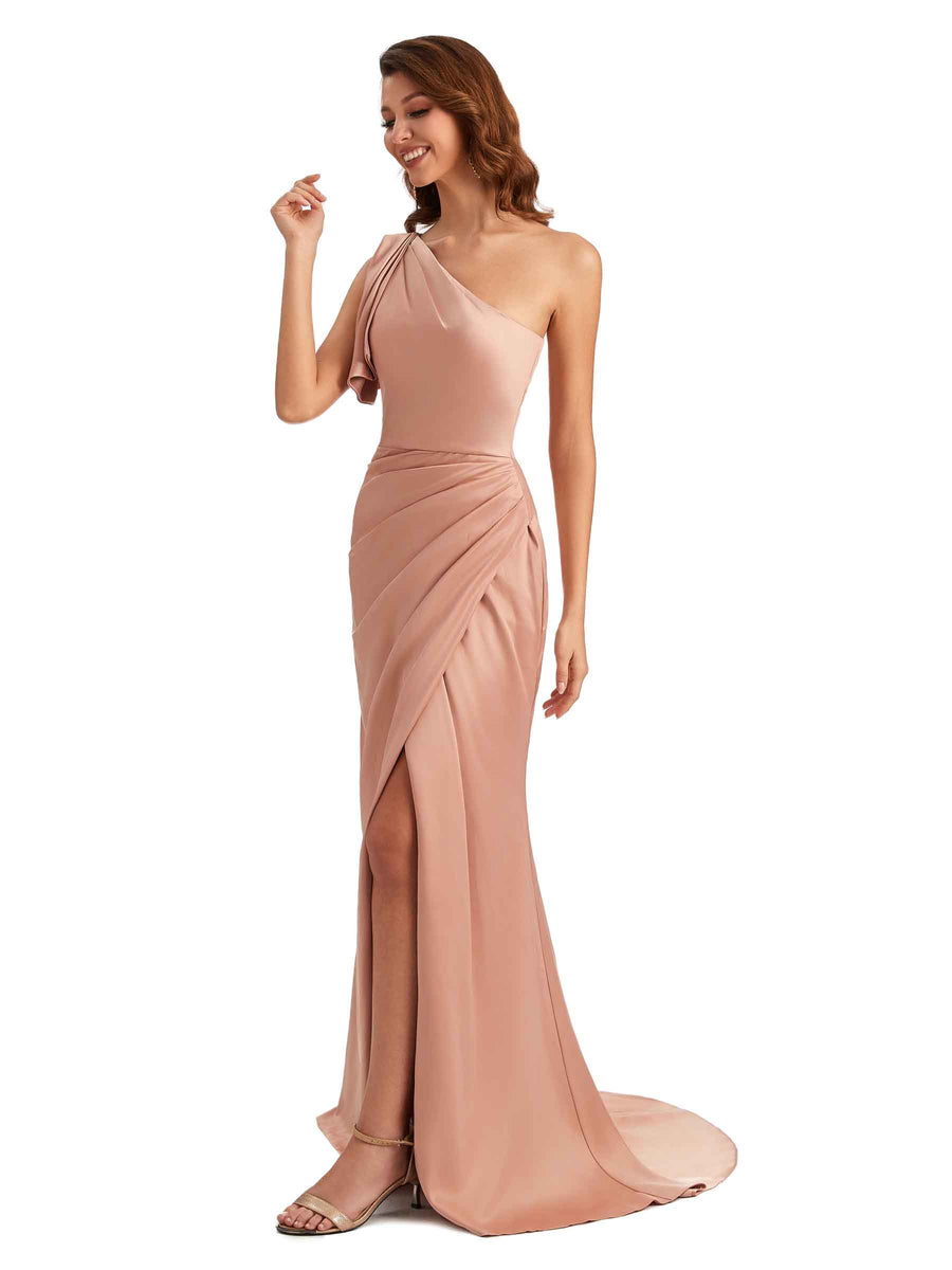 Sexy One Shoulder Mermaid Side Slit Unique Silky Satin Bridesmaid Dresses In Stock