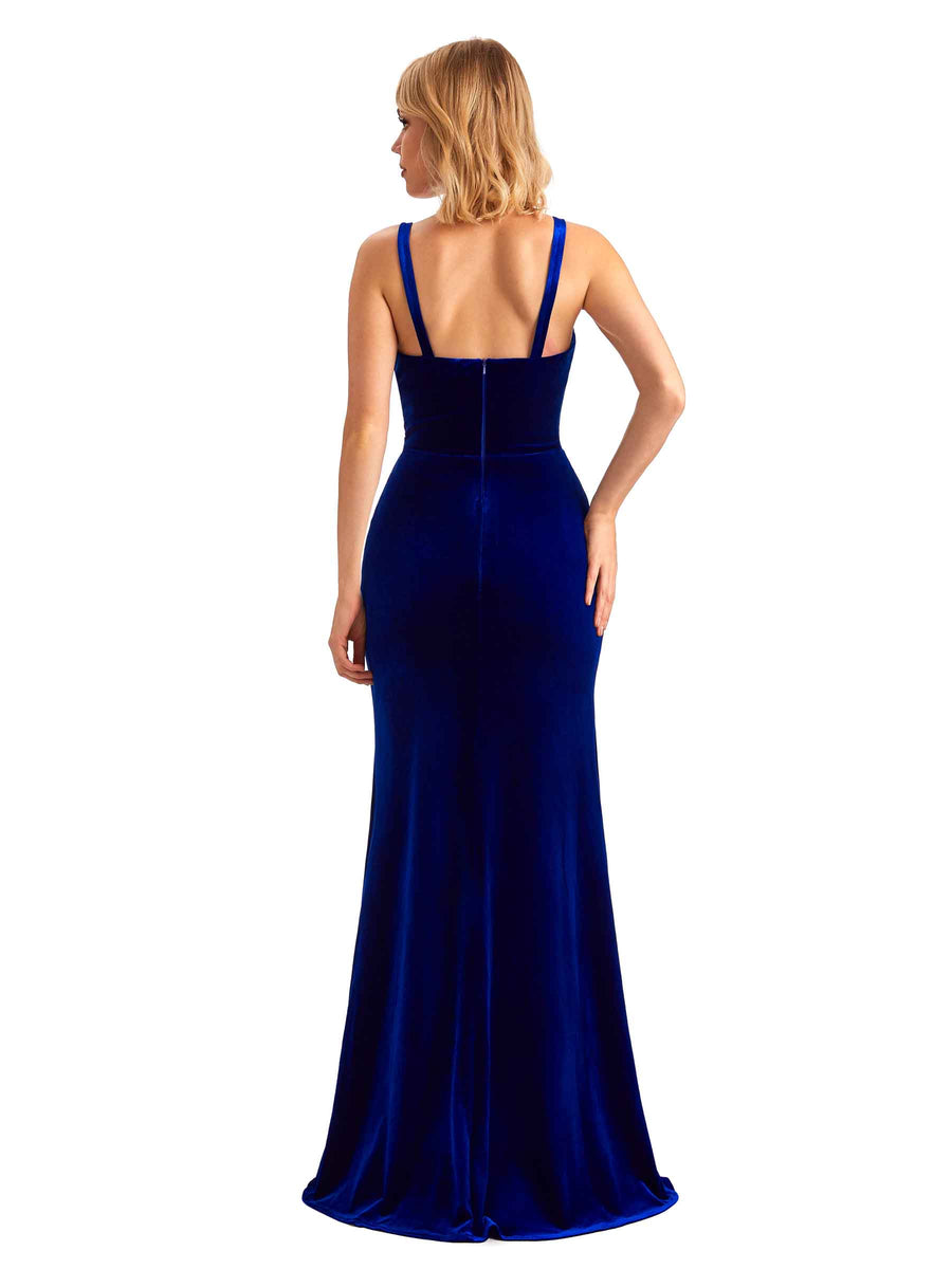 Sexy Side Slit Mermaid V-Neck Velvet Long Bridesmaid Dresses Online