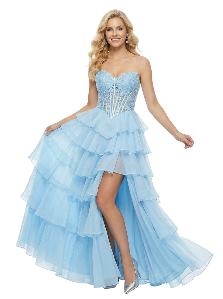 Elegant Sweetheart Side Slit Sleeveless Ruffles A-Line Chiffon Formal Ball Gown Prom Dress