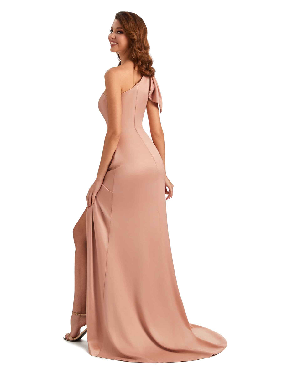 Sexy One Shoulder Mermaid Side Slit Unique Silky Satin Bridesmaid Dresses In Stock
