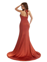 Sexy Side Split Halter V-Neck Chic Maxi Satin Bridesmaid Dresses Online