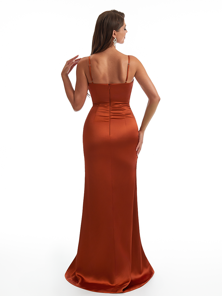 Sexy Spaghetti Straps Side Slit Mermaid Ruched Soft Satin Long Bridesmaid Dresses Online