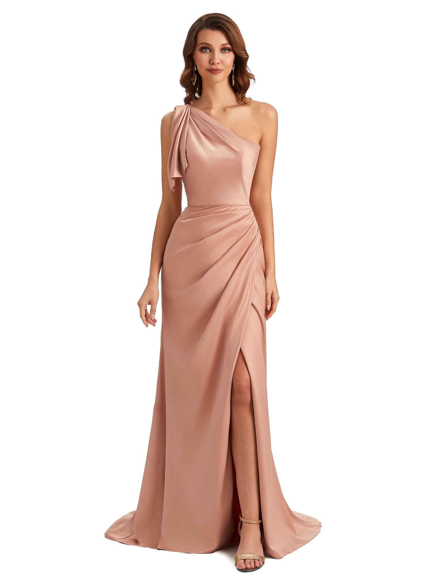 Sexy One Shoulder Mermaid Side Slit Unique Silky Satin Bridesmaid Dresses In Stock