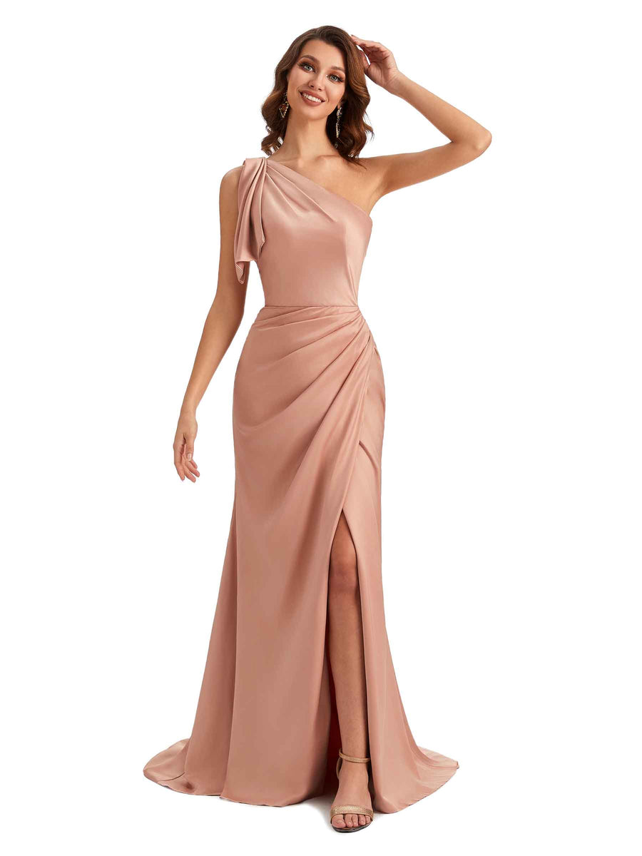 Sexy One Shoulder Mermaid Side Slit Unique Silky Satin Bridesmaid Dresses In Stock