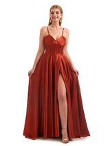 A-Line Formal Satin Long Wedding Guest Dresses Online Side Split Spaghetti Straps