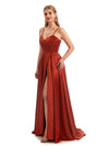 A-Line Formal Satin Long Bridesmaid Dresses Online Side Split Spaghetti Straps