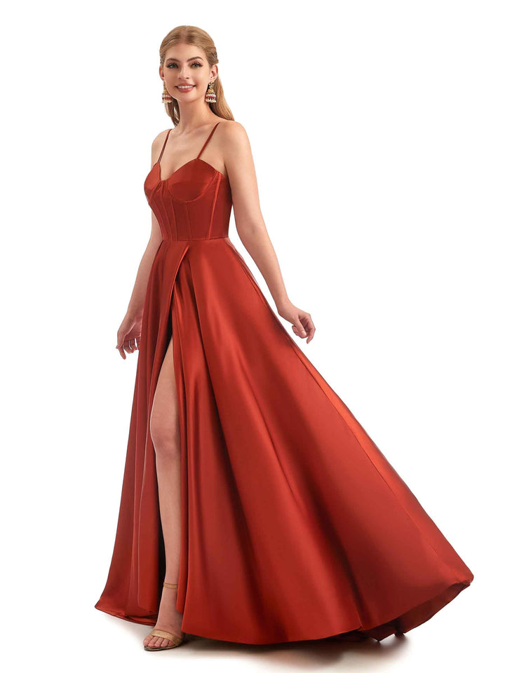 Champagne A-Line Formal Satin Long Bridesmaid Dresses