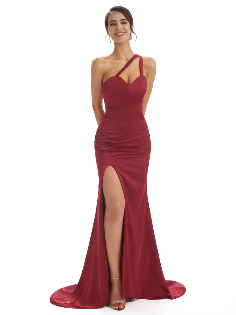 Sexy One Shoulder Spaghetti Strap Side Slit Mermaid Satin Formal Gown
