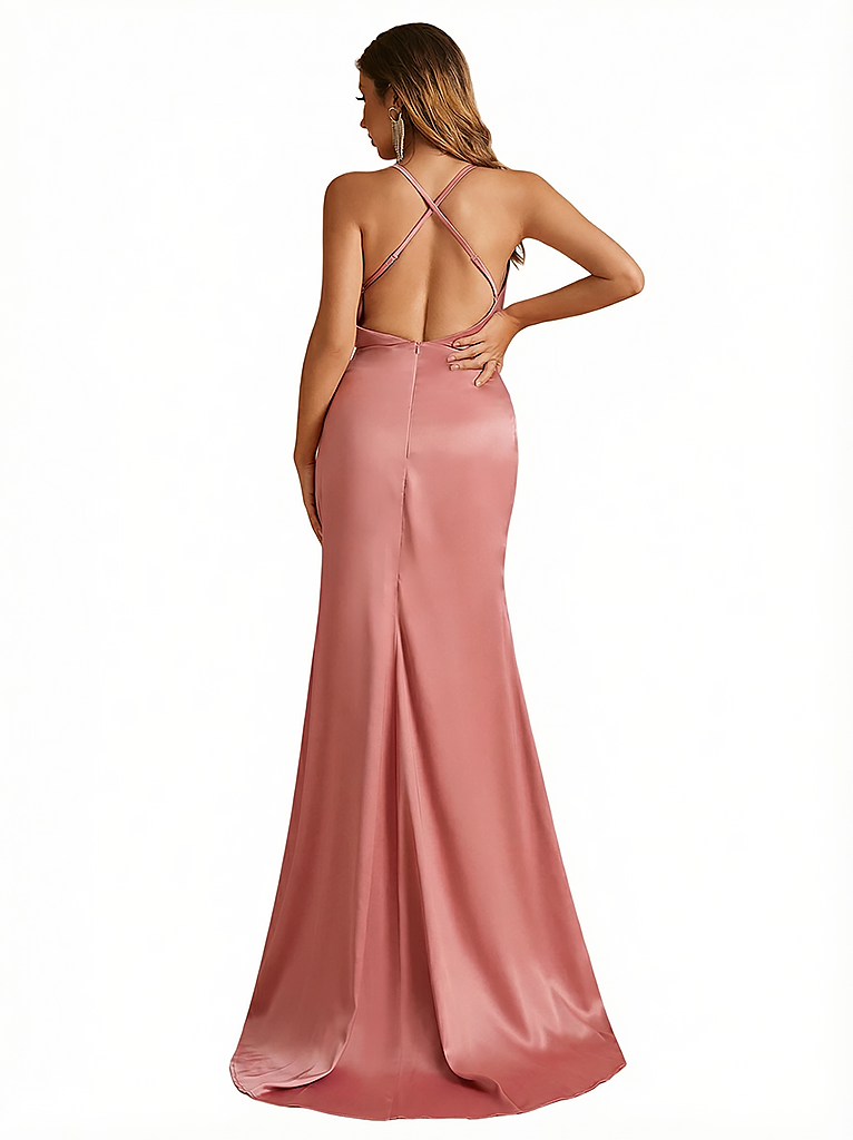 Women's Sexy Cowl Neck Silky Satin Criss Cross Long Evening Formal Dresses Side Slit