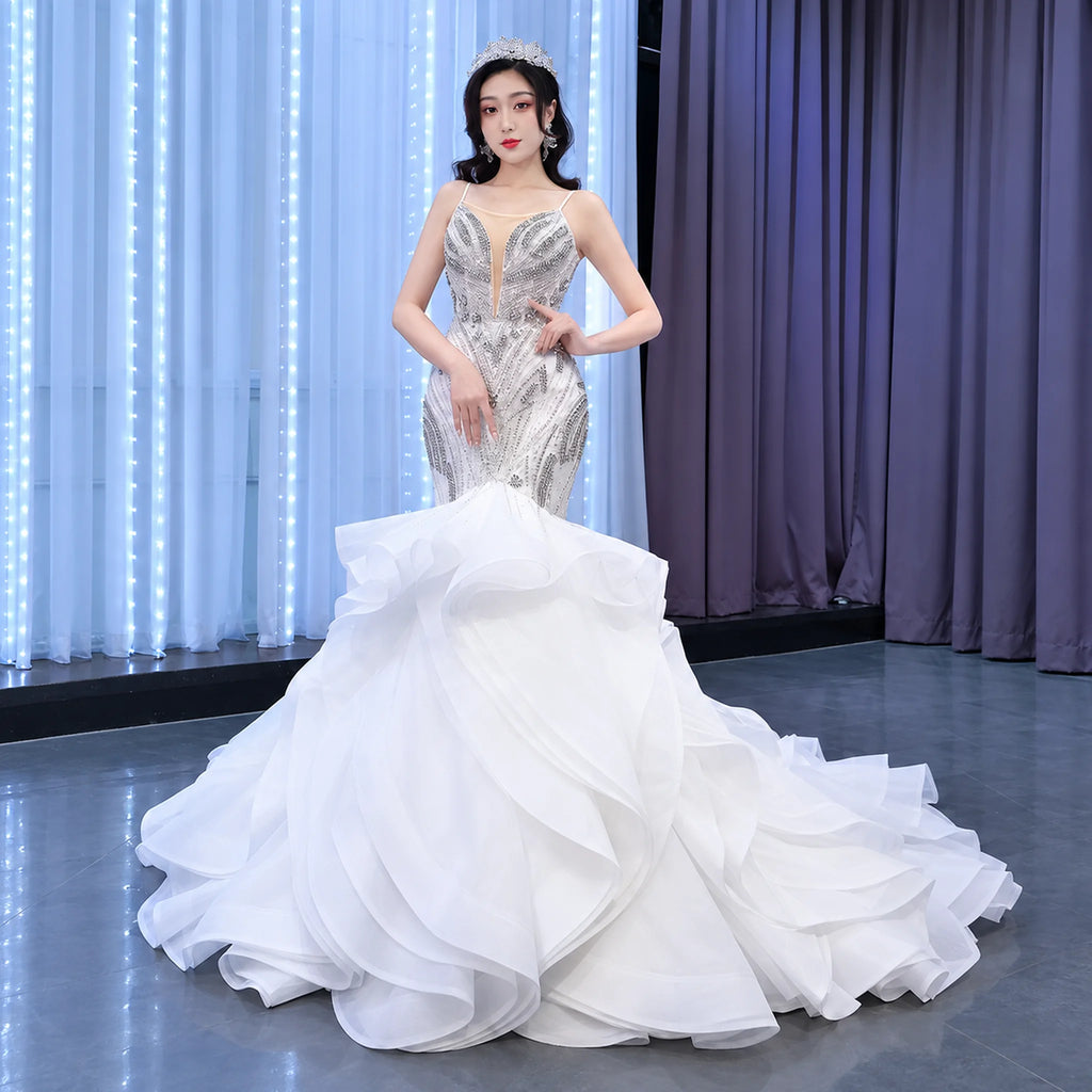 ChicSew Sparkly Spaghetti Straps Mermaid Ball Gown Wedding Dress