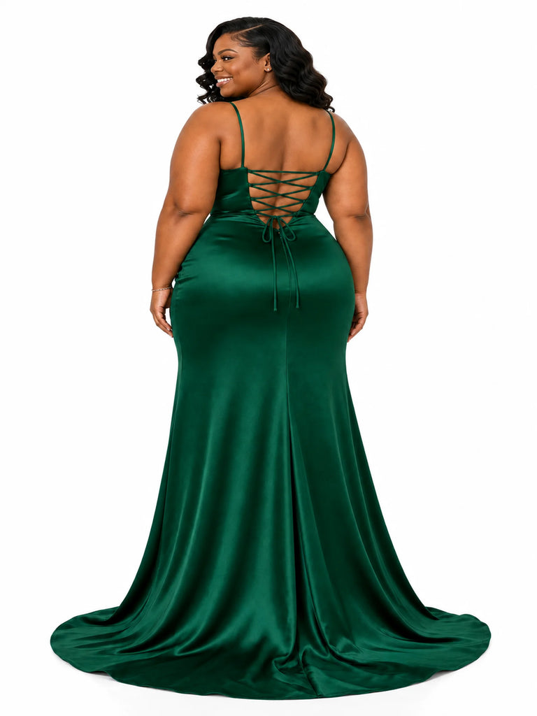 ChicSew Spaghetti Straps Boning Ruched Side Slit Mermaid Soft Satin Maxi Long Bridesmaid Dresses