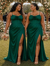 ChicSew Spaghetti Straps Boning Ruched Side Slit Mermaid Soft Satin Maxi Long Bridesmaid Dresses