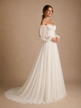 ChicSew Elegant Chiffon Sweetheart Off The Shoulder Tulle Sleeves Maxi Wedding Dresses With Pleats