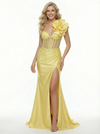 Unique 3D Rose One Shoulder Prom Gown Sexy Illusion Corset Satin Dress with High Slit