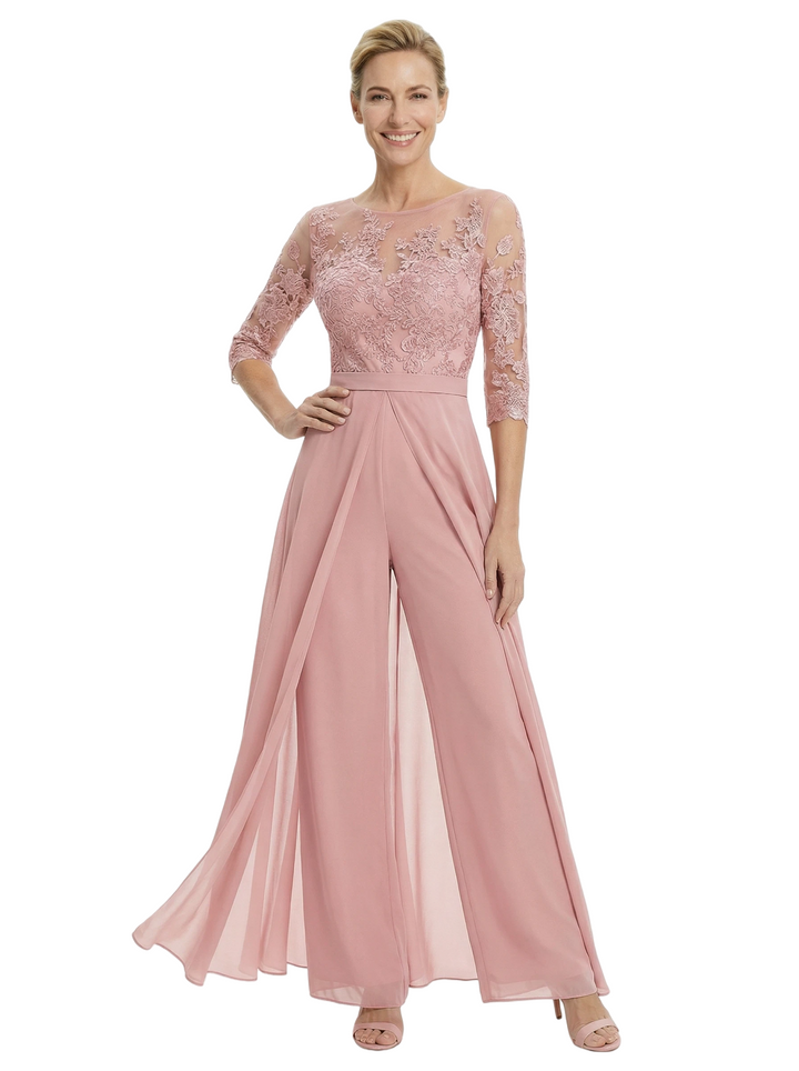 Chicsew Stylish Illusion 3/4 Sleeve Lace Mother of The Bride Jumpsuit Flowy Chiffon Modern Occasion Wear