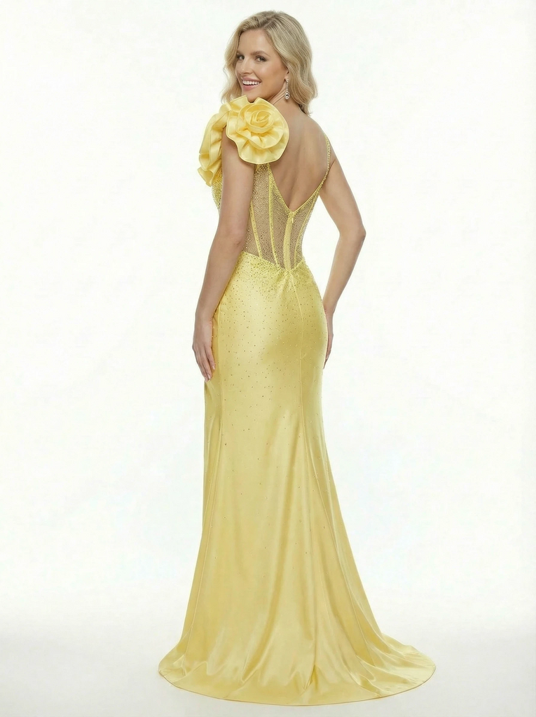 Unique 3D Rose One Shoulder Prom Gown Sexy Illusion Corset Satin Dress with High Slit