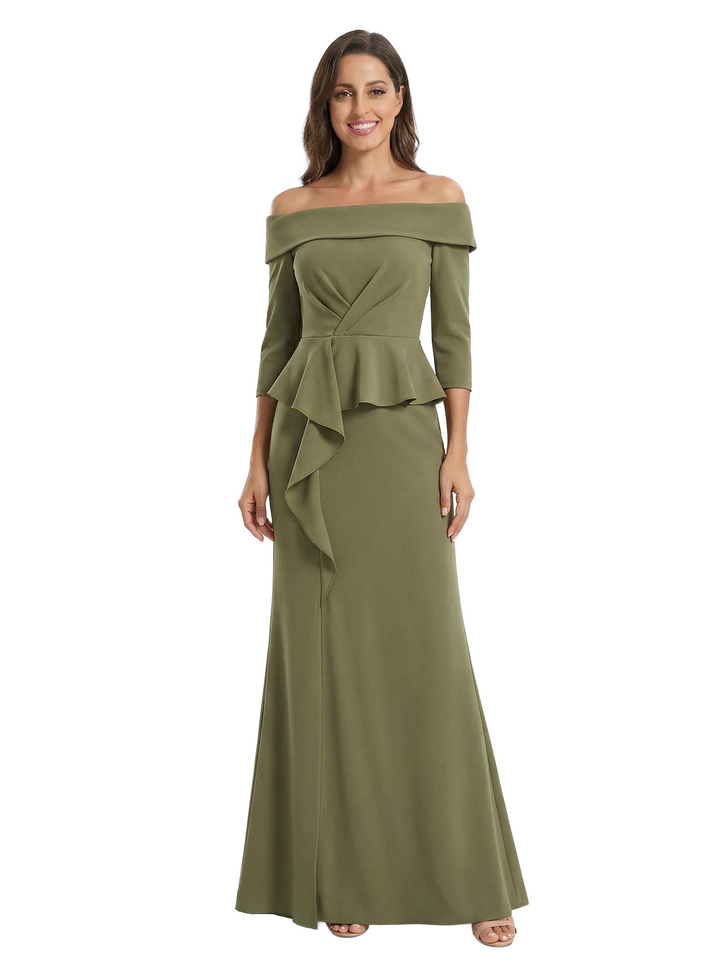 Chicsew Elegant Off Shoulder Ruffle Sheath Evening Gown Floor-Length Mother Of The Groom Dresses