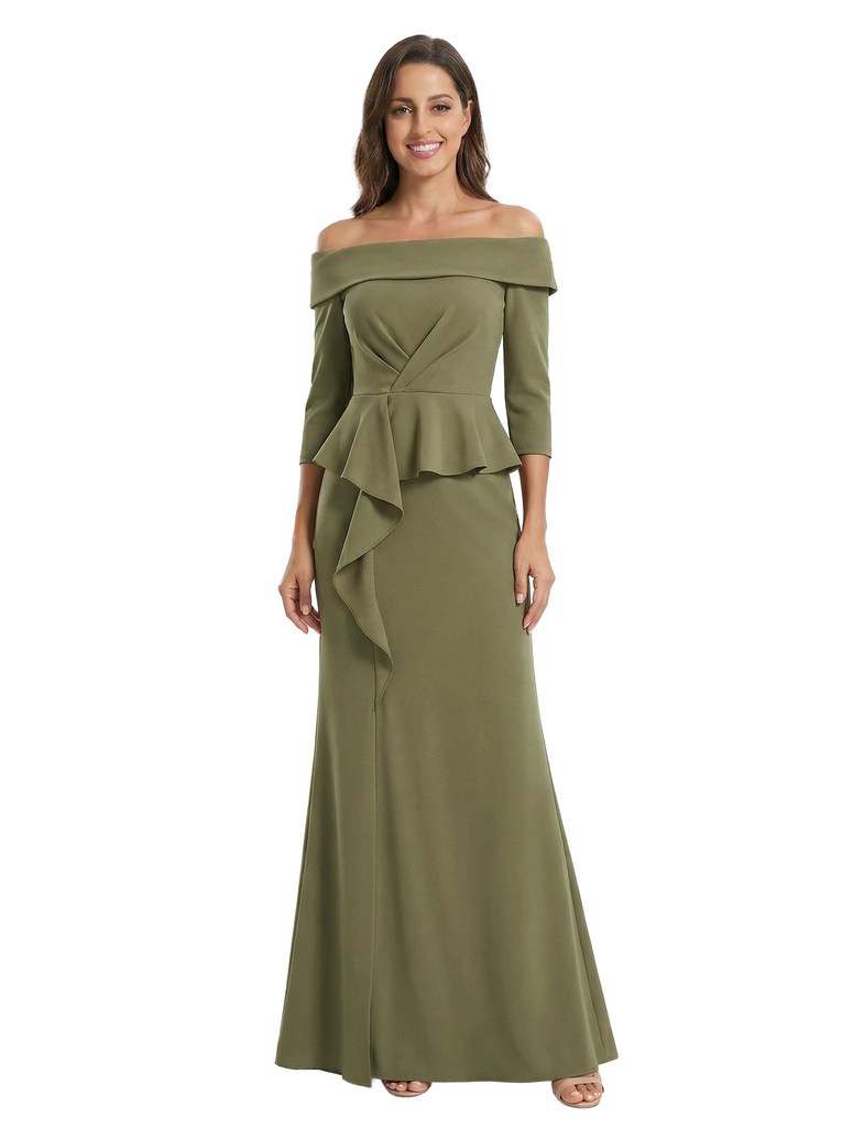 Chicsew Elegant Off Shoulder Ruffle Sheath Evening Gown Floor-Length Mother Of The Groom Dresses