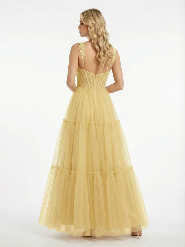 Pretty V-Neck Tiered Tulle Prom Gown Elegant Lace Strap A-Line Maxi Evening Dress