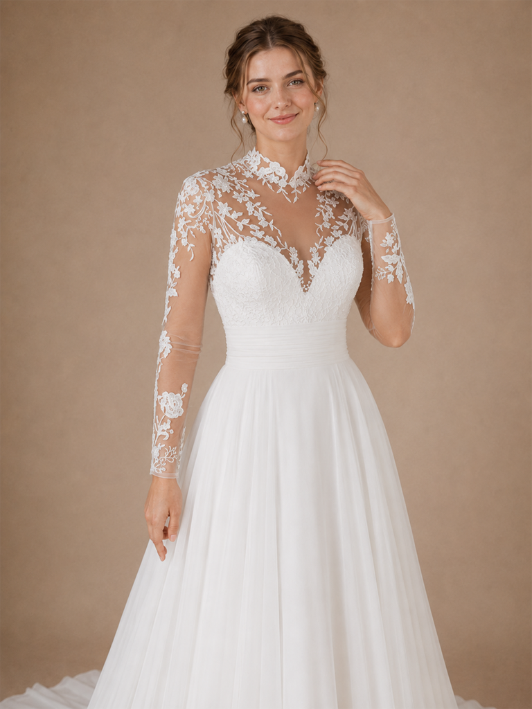 ChicSew Classy High Neck Long Sleeves Lace Chiffon A-Line Maxi Wedding Dress