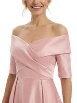 Elegant Off Shoulder Satin Half Sleeves Sheath Mother Of The Bride Dresses Overskirt