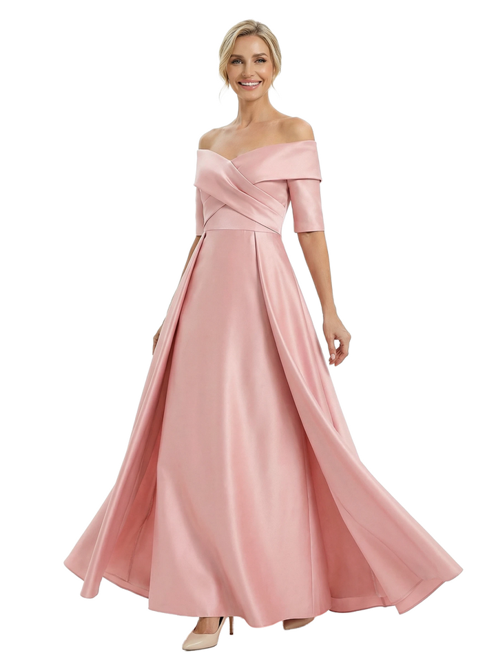 Elegant Off Shoulder Satin Half Sleeves Sheath Mother Of The Bride Dresses Overskirt