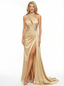 Unique Cutout High Neck Prom Gown Sexy One Shoulder Satin Dress with Beaded Straps