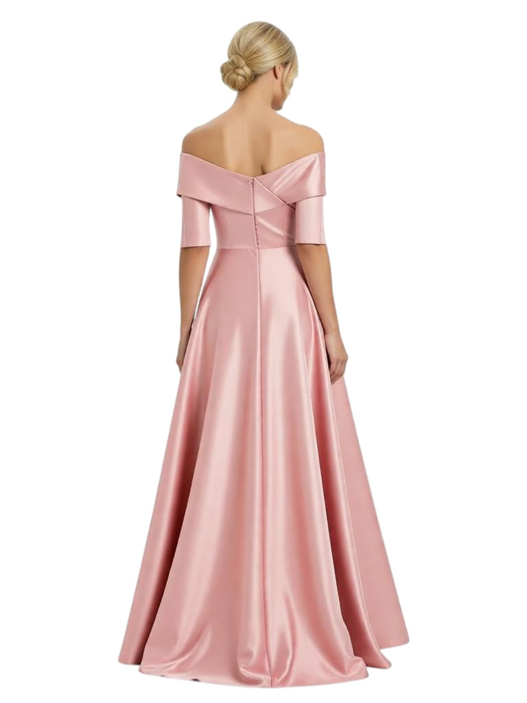 Elegant Off Shoulder Satin Half Sleeves Sheath Mother Of The Bride Dresses Overskirt