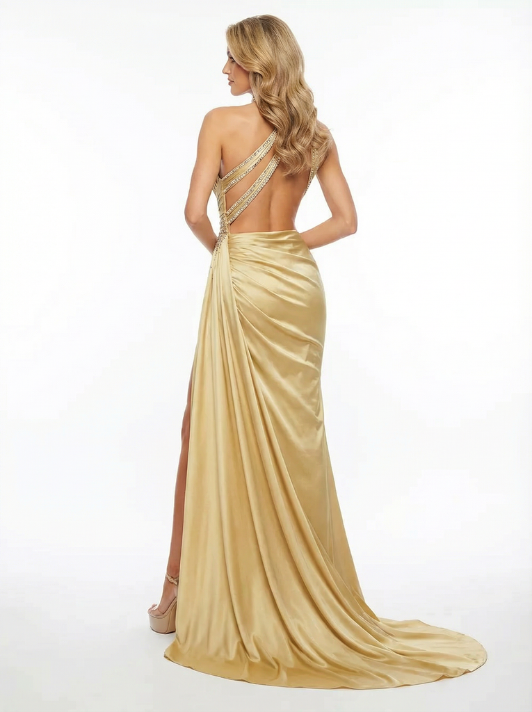 Unique Cutout High Neck Prom Gown Sexy One Shoulder Satin Dress with Beaded Straps