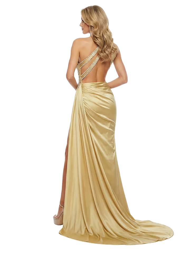 ChicSew Unique High Neck Prom Gown Sexy One Shoulder Satin Dress Straps