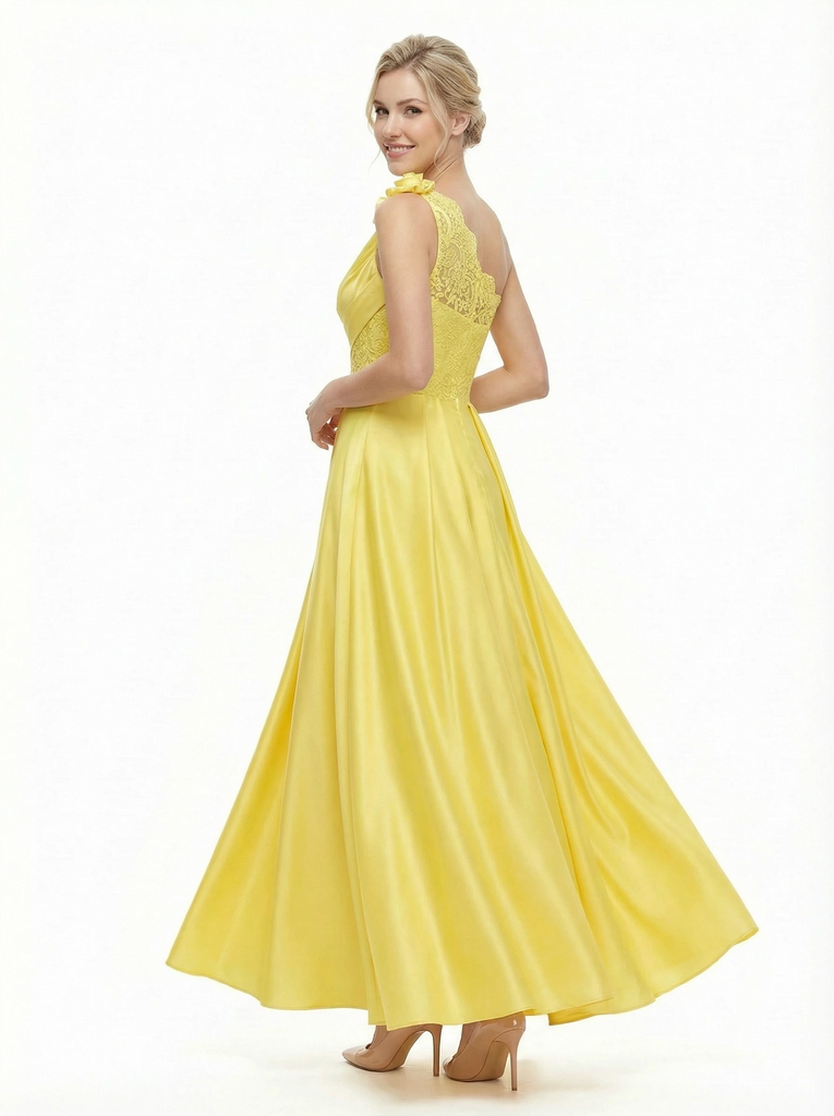 Fancy One Shoulder Satin Lace Applique Prom Gown Pretty Sleeveless A-Line