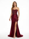 Sexy Strapless Beaded Bodice Prom Gown Modern Sheath Satin Evening Dress with Leg Slit