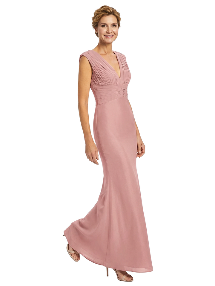 Elegant V-neck Sleeveless Ruched Mermaid Chiffon Mother Of The Bride Dress