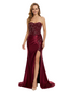 ChicSew Sexy Strapless Lace Appliques Sequin Prom Gown Modern Mermaid Satin Evening Dress Side Slit